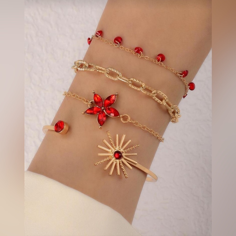 Set 4pcs Adjustable Bracelets Chain Crystal Red Sun Flower Boutique